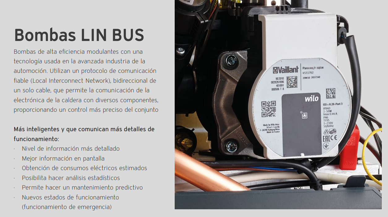 Bypass avanzado + bomba LIN BUS: circulación silenciosa y equilibrada del calor en toda la vivienda.