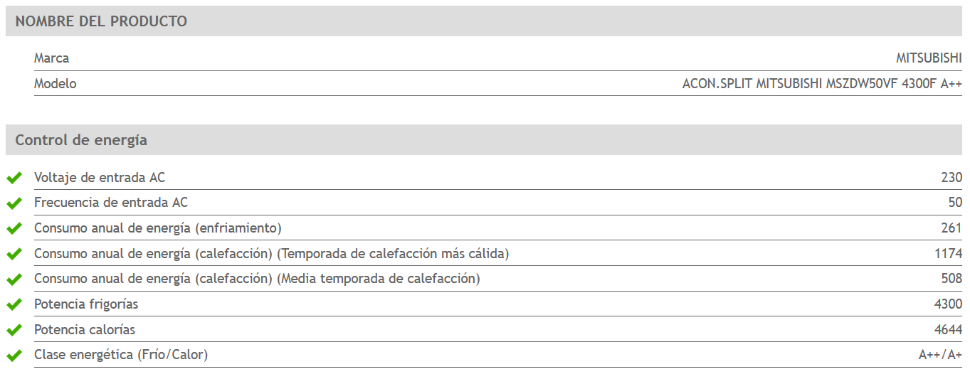 Especificaciones técnicas del Aire Acondicionado MITSUBISHI MSZ DW 50VF