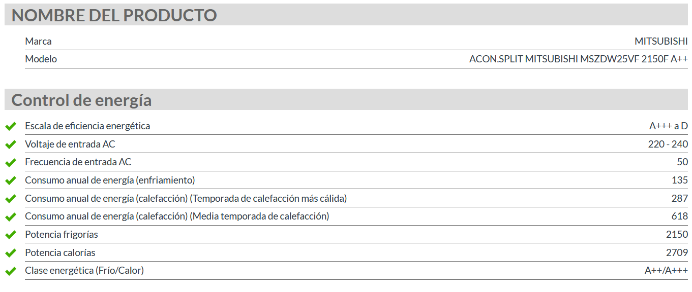 Especificaciones técnicas del Aire Acondicionado MITSUBISHI MSZ DW 25 VF