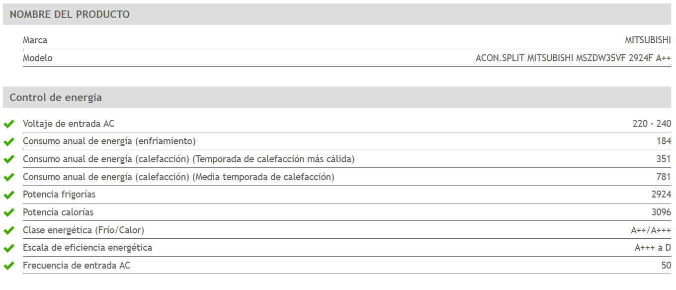 Especificaciones técnicas del Aire Acondicionado MITSUBISHI MSZ DW 35 VF