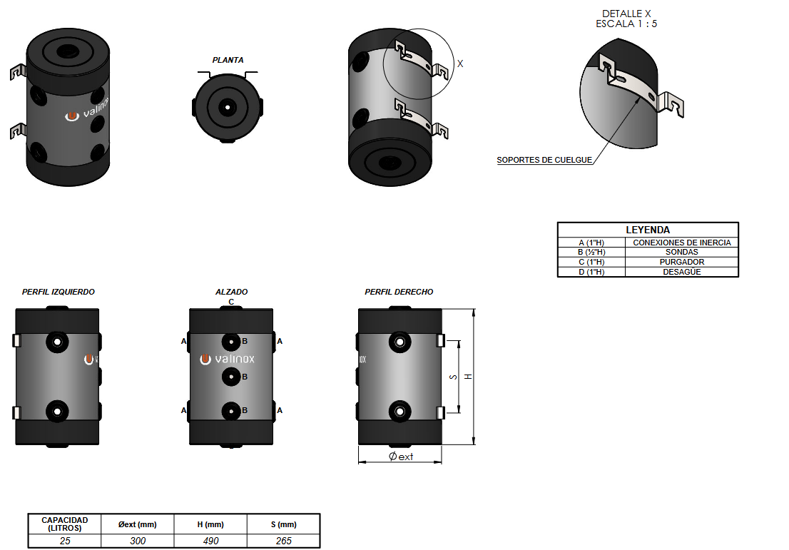 Dimensiones y Conexiones ANR-444 RIGID CLOTH 25L