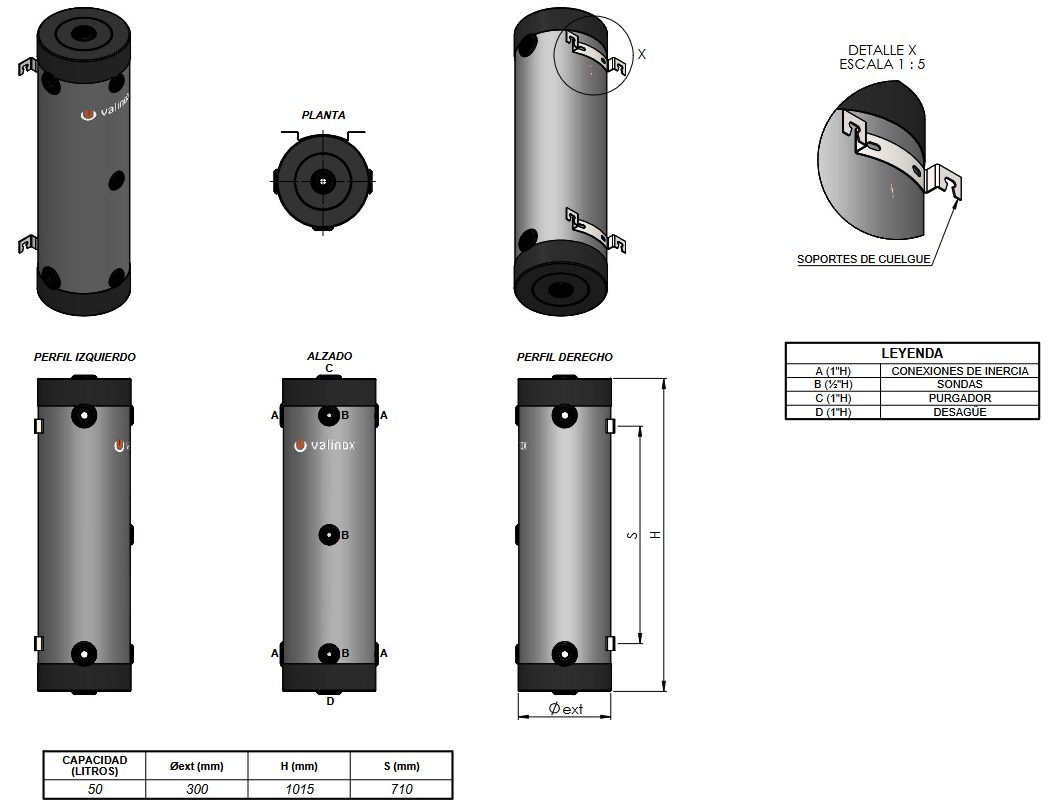 Dimensiones y Conexiones ANR-444 RIGID CLOTH 50L