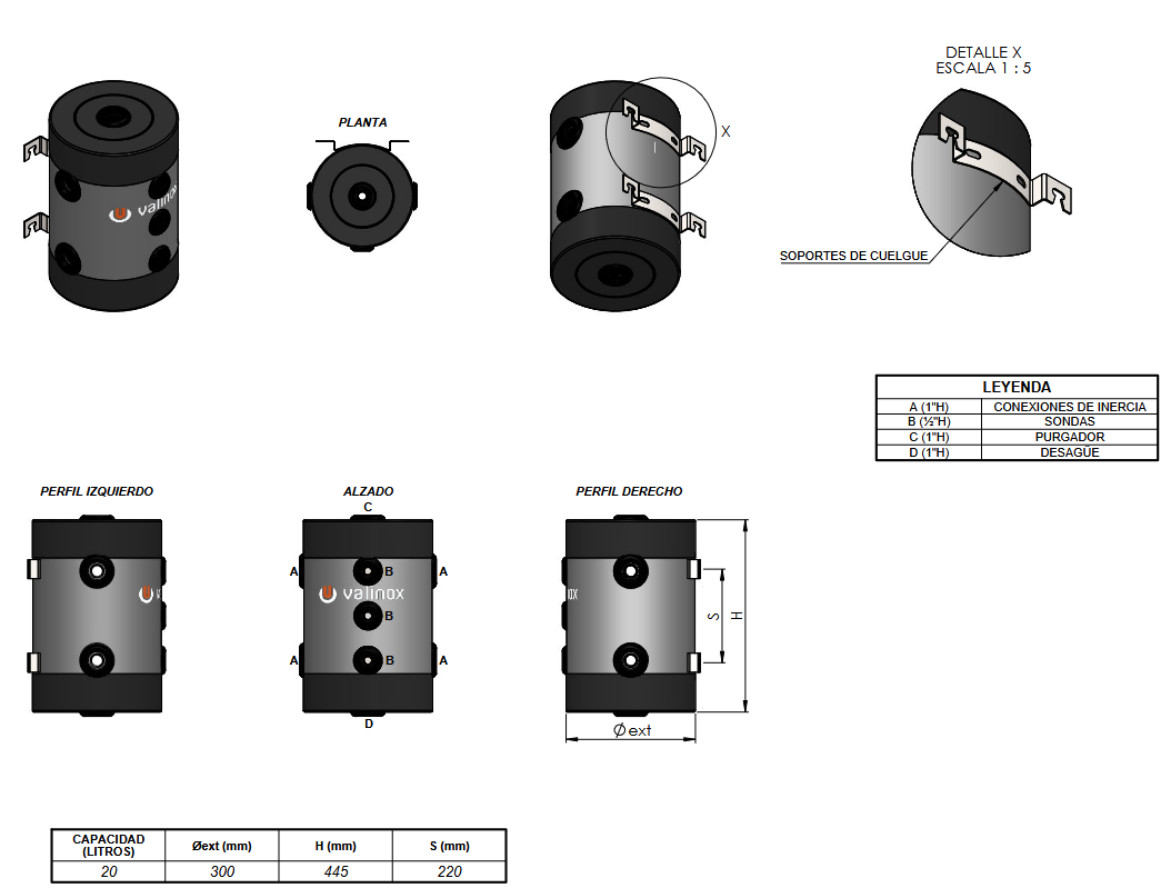 Dimensiones y Conexiones ANR-444 RIGID CLOTH 20L