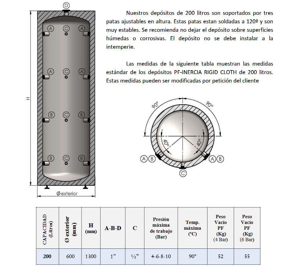 Dimensiones y Conexiones PF-AC RIGID CLOTH 150L