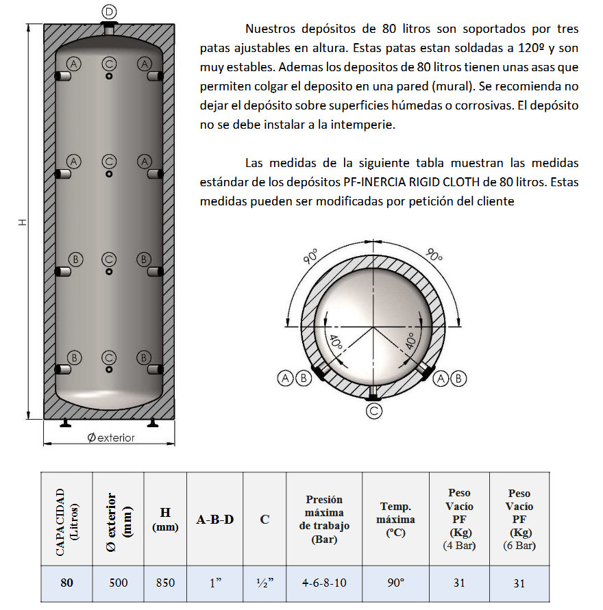 Dimensiones y Conexiones PF-AC RIGID CLOTH 80L