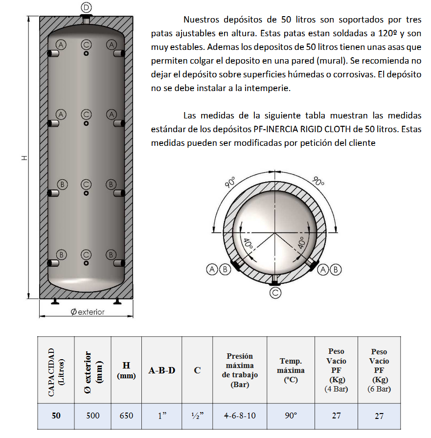 Dimensiones y Conexiones PF-AC RIGID CLOTH 50L