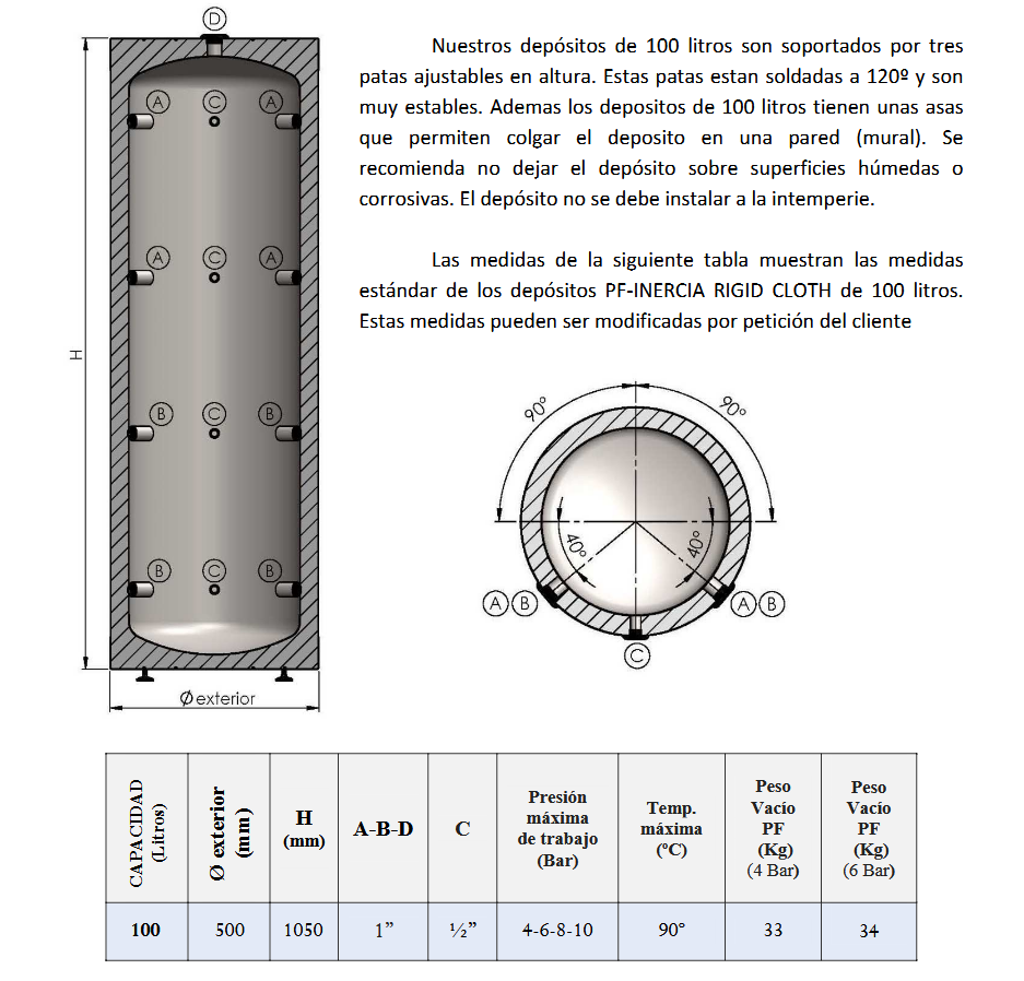 Dimensiones y Conexiones PF-AC RIGID CLOTH 100L