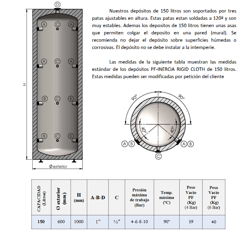 Dimensiones y Conexiones PF-AC RIGID CLOTH 150L