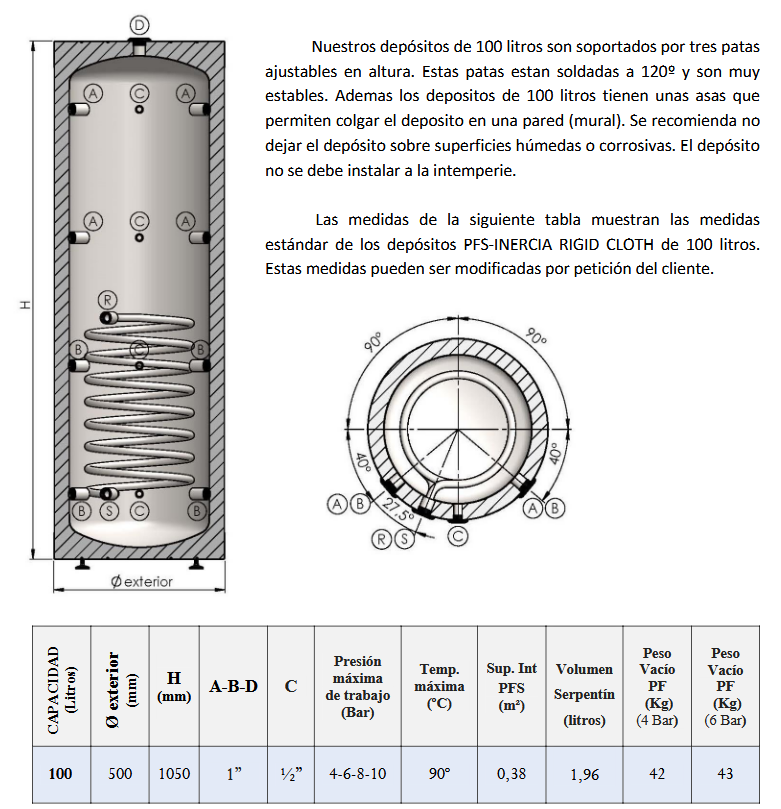 Dimensiones y conexiones del Depósito Inercia con Serpentín VALINOX PFS-AC RIGID CLOTH 100L