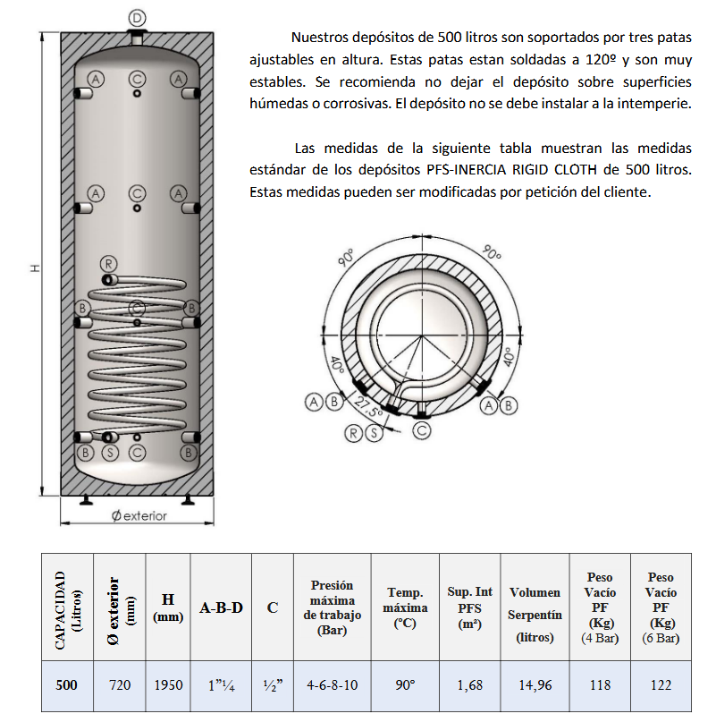 Dimensiones y conexiones PFS-AC RIGID CLOTH 500L