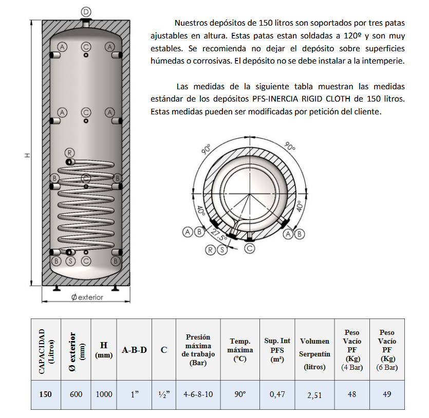 Dimensiones y conexiones PFS-AC RIGID CLOTH 150L