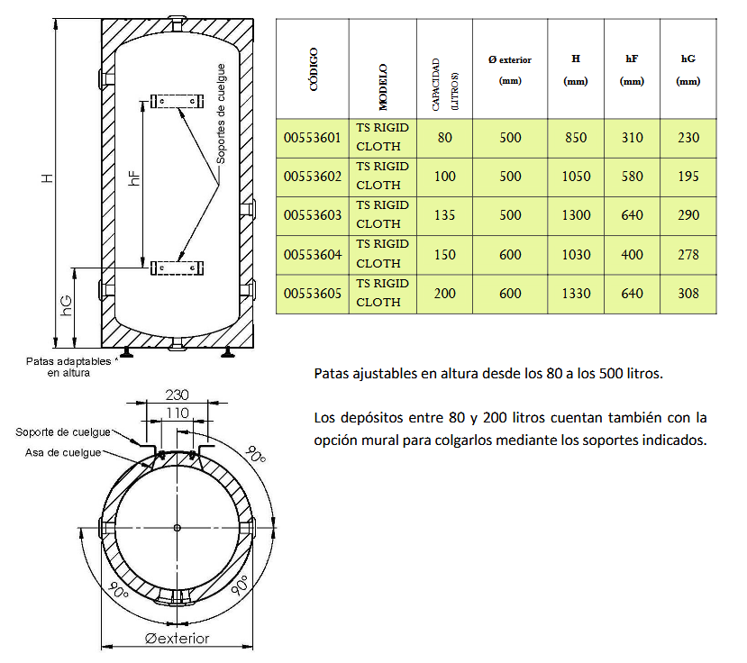 Dimensiones Asas TS-316 RIGID CLOTH