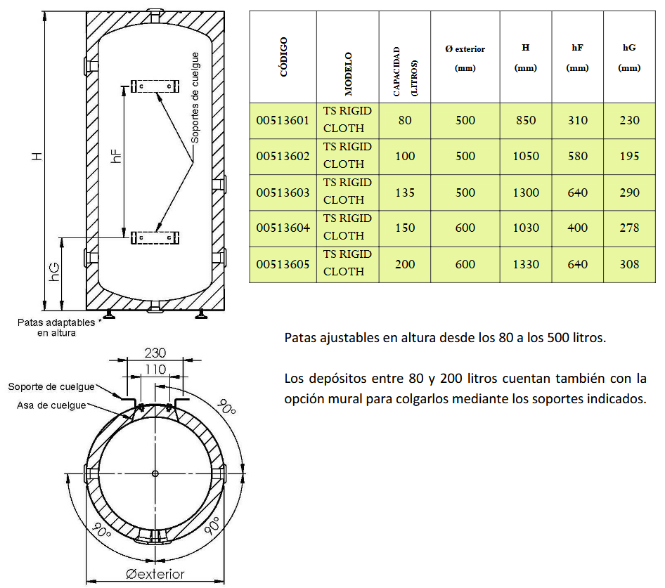 Dimensiones Asas TS-316 RIGID CLOTH