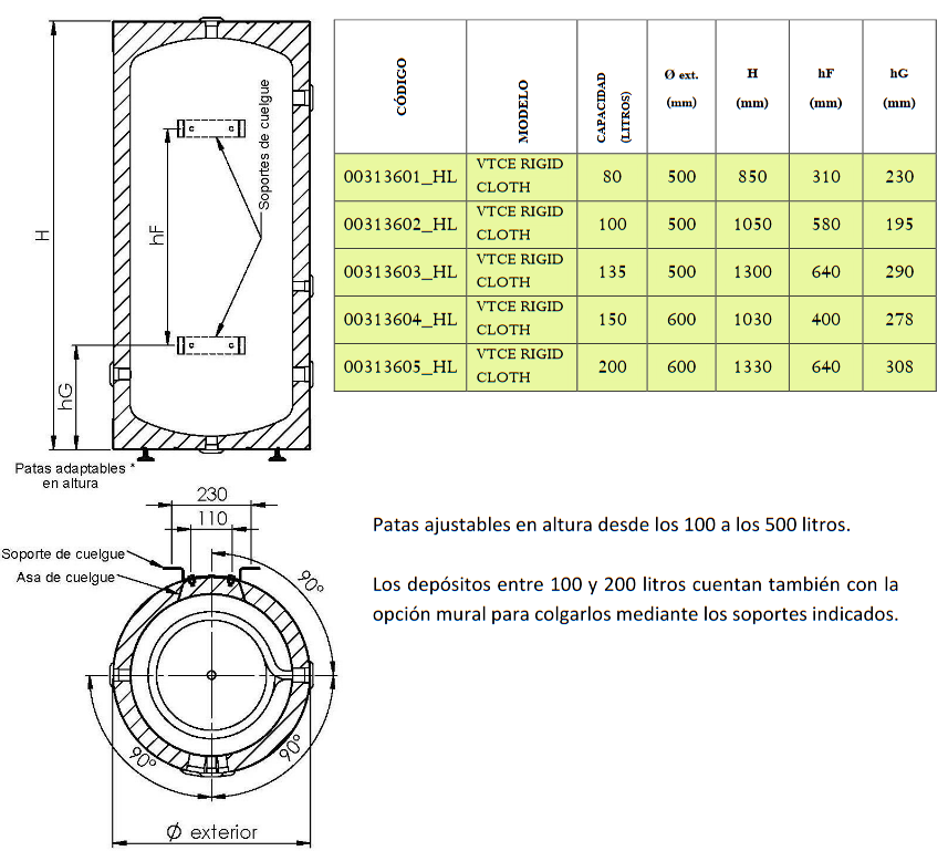 Dimensiones Asas VTCE-HL-316 RIGID CLOTH de 80 a 500L