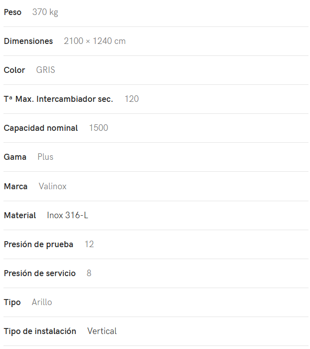 Especificaciones técnicas del Interacumulador VALINOX 2VTCE_HL-316L PLUS 1500L