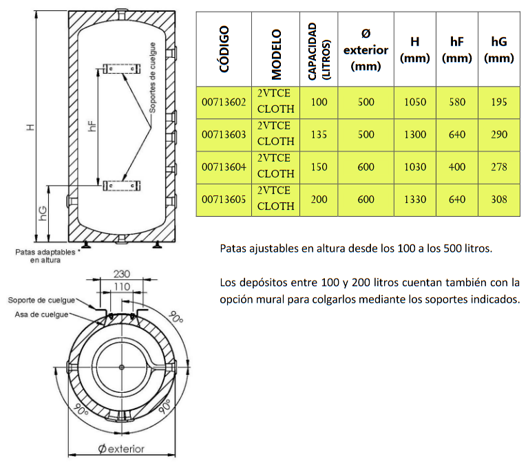 Dimensiones Asas 2VTCE-316 RIGID CLOTH