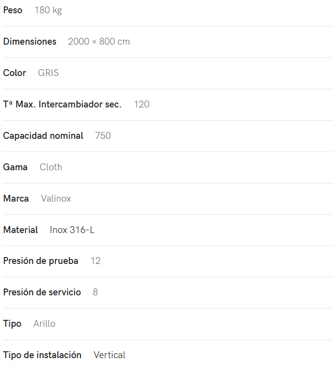 Especificaciones técnicas del Interacumulador VALINOX 2VTCE_HL-316L CLOTH 750L