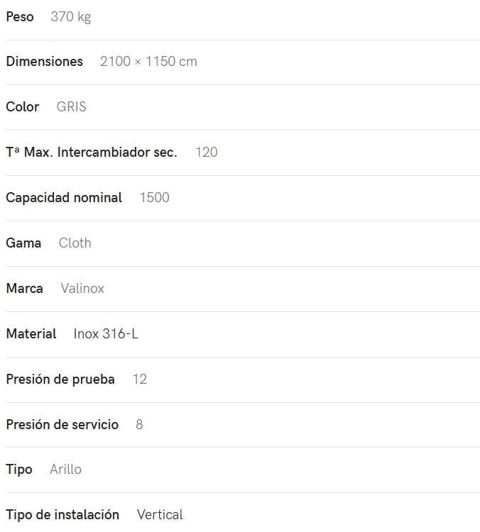 Especificaciones técnicas del Interacumulador VALINOX 2VTCE_HL-316L CLOTH 1500L