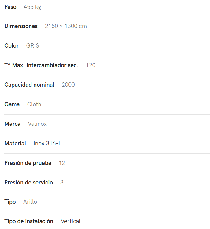 Especificaciones técnicas del Interacumulador VALINOX 2VTCE_HL-316L CLOTH 2000L