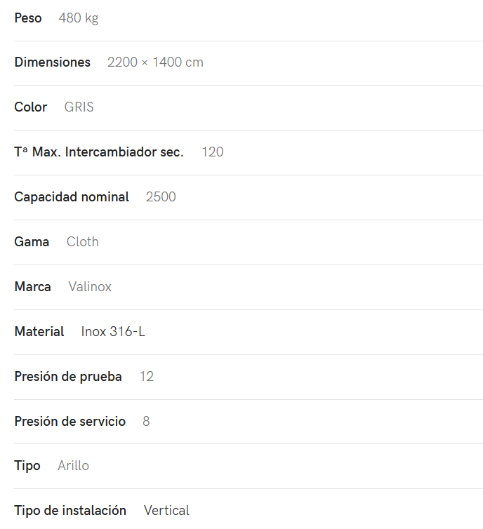 Especificaciones técnicas del Interacumulador VALINOX 2VTCE_HL-316L CLOTH 2500L