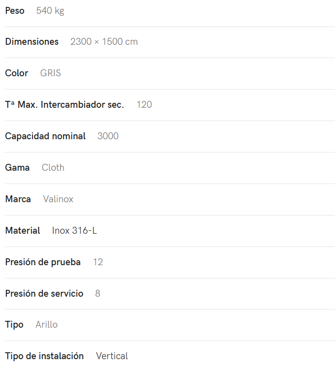 Especificaciones técnicas del Interacumulador VALINOX 2VTCE_HL-316L CLOTH 3000L