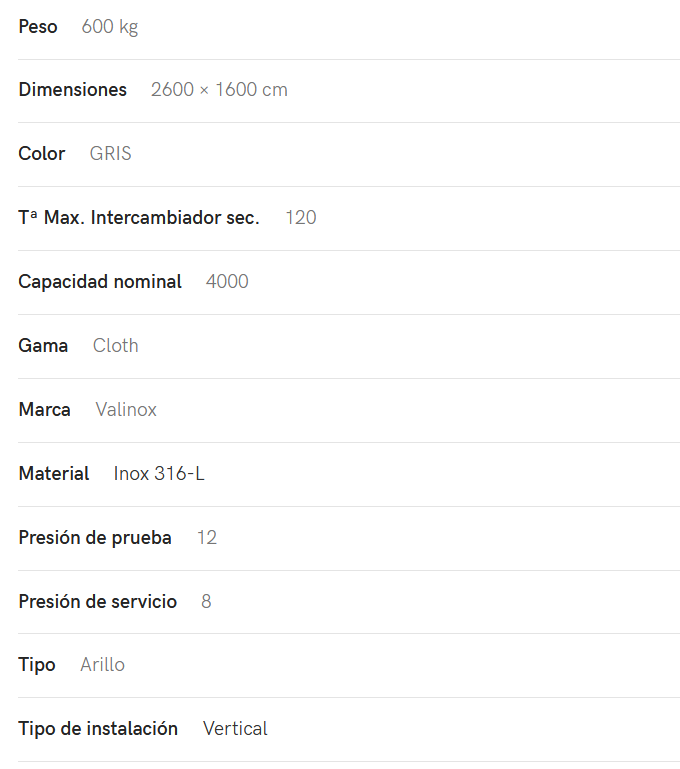 Especificaciones técnicas del Interacumulador VALINOX 2VTCE_HL-316L CLOTH 4000L