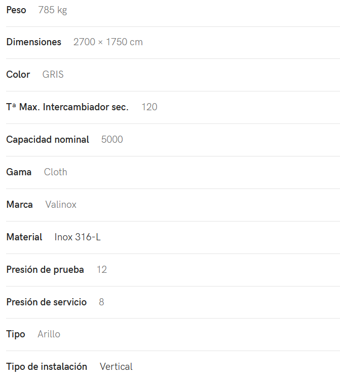 Especificaciones técnicas del Interacumulador VALINOX 2VTCE_HL-316L CLOTH 5000L
