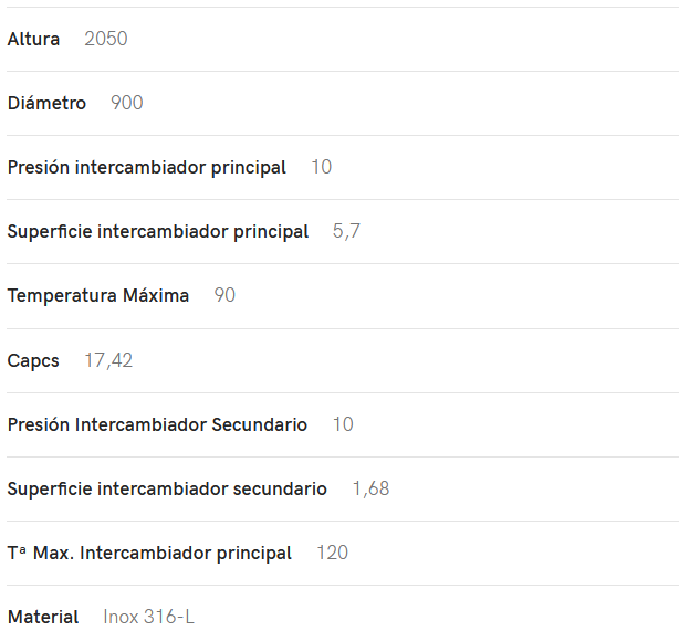 Especificaciones técnicas del Interacumulador VALINOX 2VTCE_HL-316L PLUS 750L