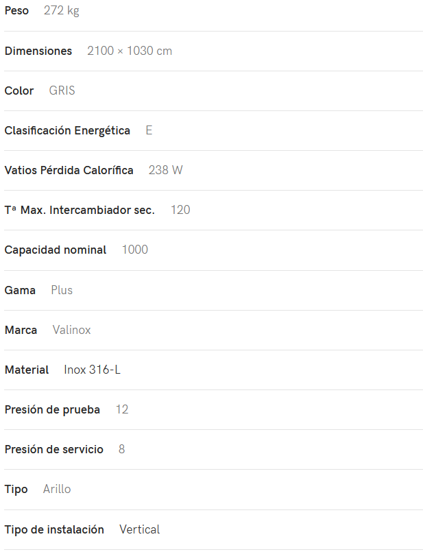Especificaciones técnicas del Interacumulador VALINOX 2VTCE_HL-316L PLUS 1000L