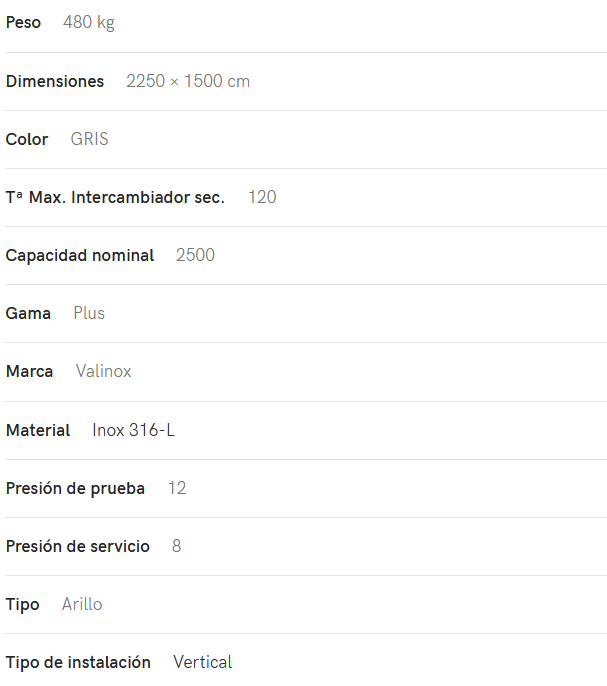 Especificaciones técnicas del Interacumulador VALINOX 2VTCE_HL-316L PLUS 2500L