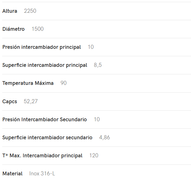 Especificaciones técnicas del Interacumulador VALINOX 2VTCE_HL-316L PLUS 2500L