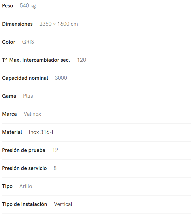 Especificaciones técnicas del Interacumulador VALINOX 2VTCE_HL-316L PLUS 3000L