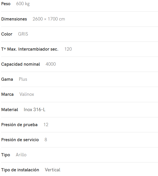 Especificaciones técnicas del Interacumulador VALINOX 2VTCE_HL-316L PLUS 4000L