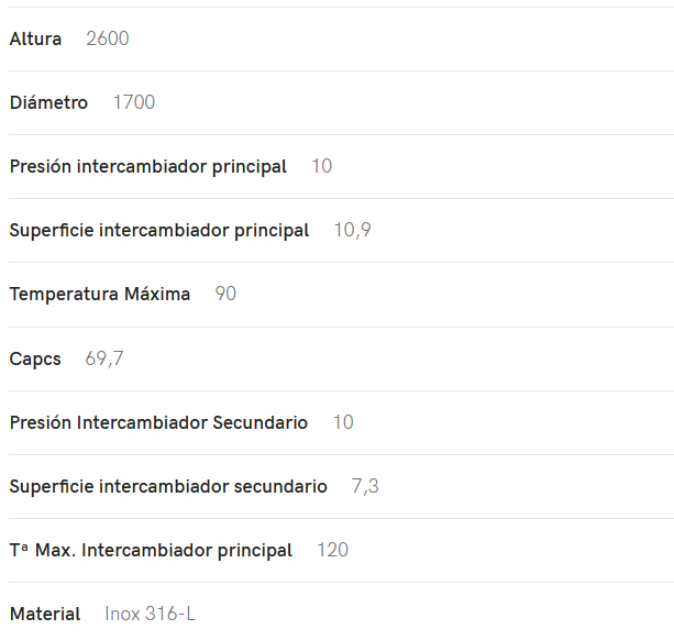 Especificaciones técnicas del Interacumulador VALINOX 2VTCE_HL-316L PLUS 4000L