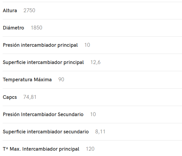 Especificaciones técnicas del Interacumulador VALINOX 2VTCE_HL-316L PLUS 5000L