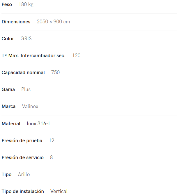 Especificaciones técnicas del Interacumulador VALINOX 2VTCE_HL-316L PLUS 750L