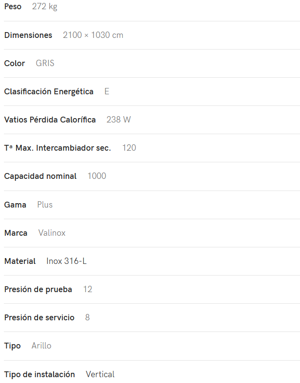 Especificaciones técnicas del Interacumulador VALINOX 2VTCE_HL-316L PLUS 1000L