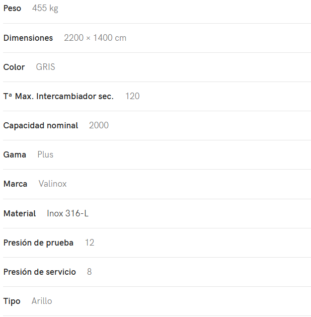 Especificaciones técnicas del Interacumulador VALINOX 2VTCE_HL-316L PLUS 2000L