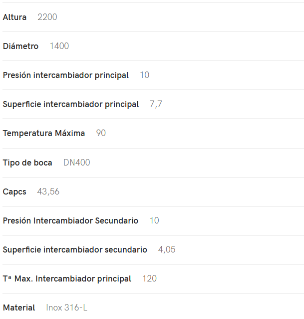 Especificaciones técnicas del Interacumulador VALINOX 2VTCE_HL-316L PLUS 2000L