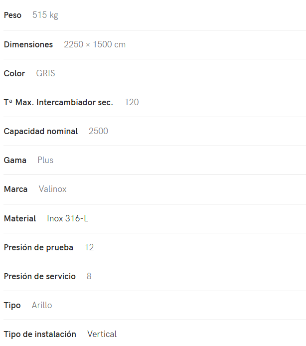 Especificaciones técnicas del Interacumulador VALINOX 2VTCE_HL-316L PLUS 2500L