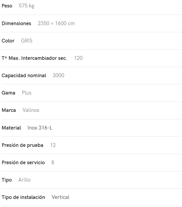 Especificaciones técnicas del Interacumulador VALINOX 2VTCE_HL-316L PLUS 3000L