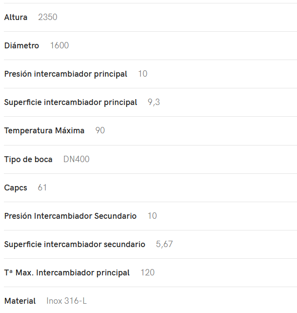 Especificaciones técnicas del Interacumulador VALINOX 2VTCE_HL-316L PLUS 3000L