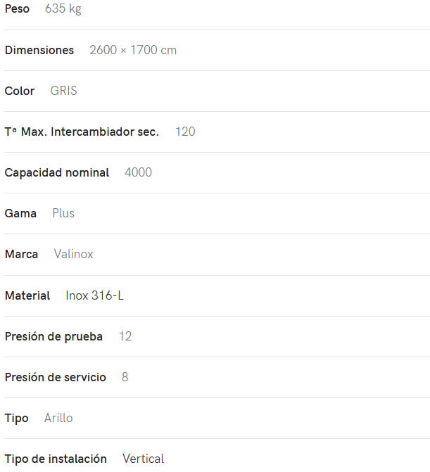 Especificaciones técnicas del Interacumulador VALINOX 2VTCE_HL-316L PLUS 4000L