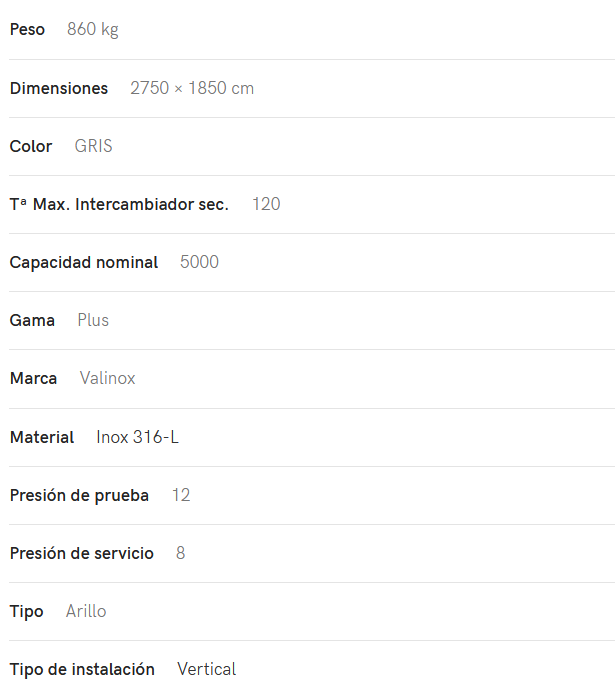 Especificaciones técnicas del Interacumulador VALINOX 2VTCE_HL-316L PLUS 5000L