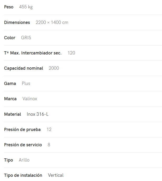 Especificaciones técnicas del Interacumulador VALINOX 2VTCE_HL-316L PLUS 2000L